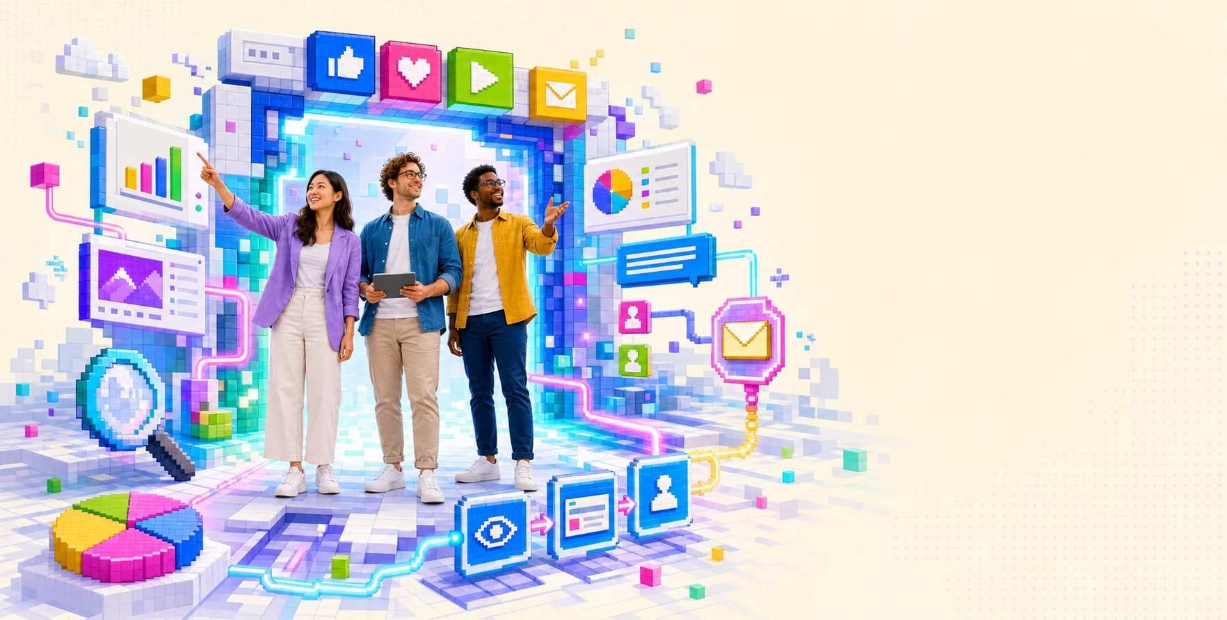 Marketing team inside a bright digital campaign journey portal