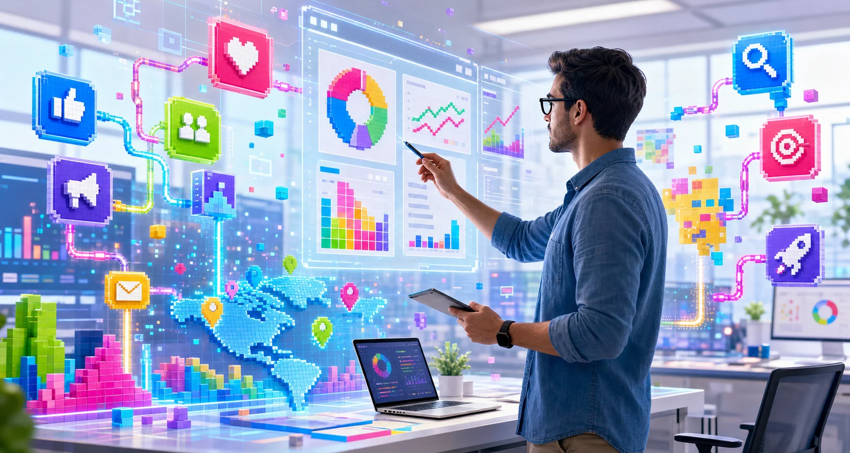 Marketer working with floating campaign dashboards