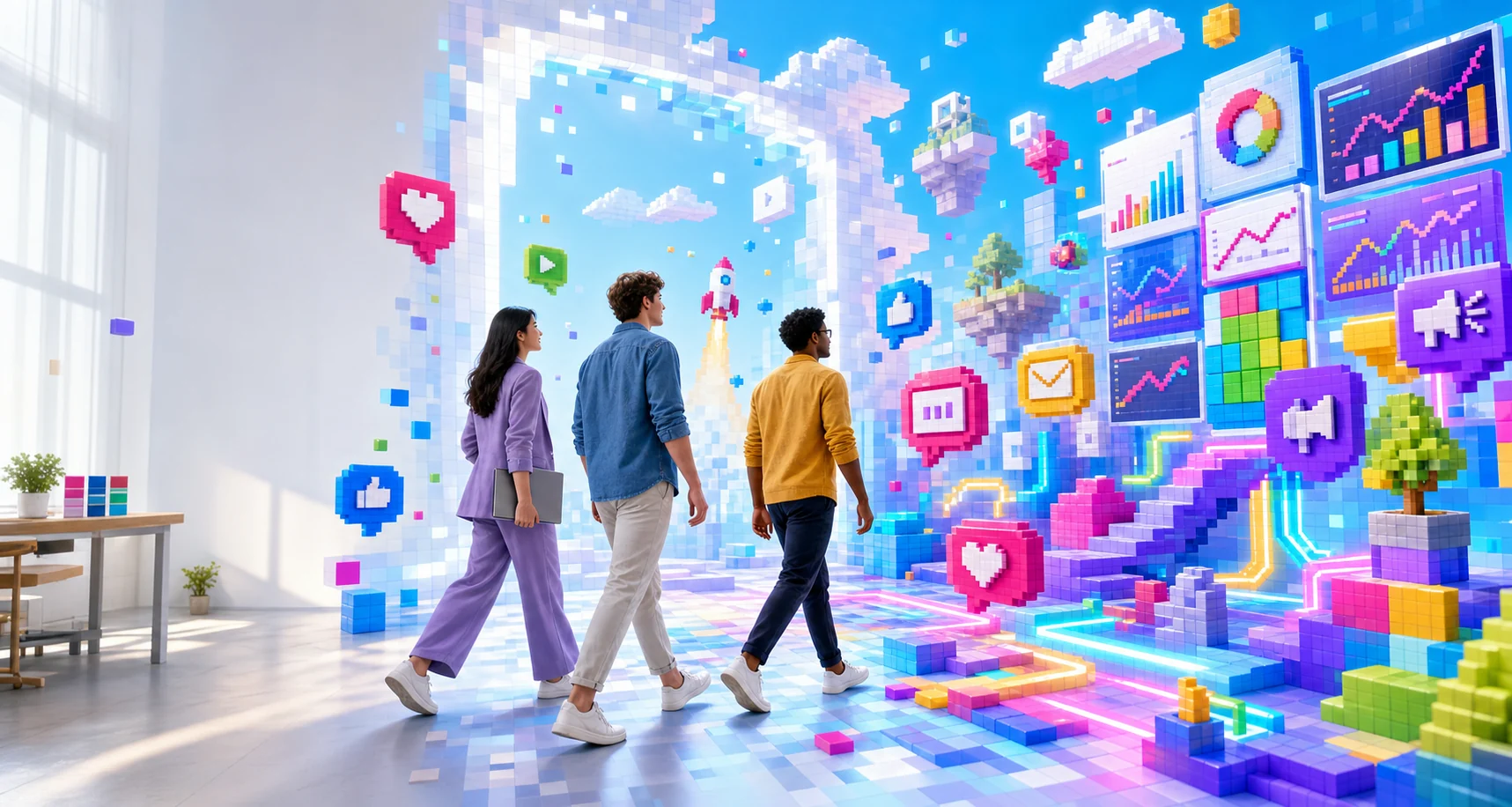 Creative team entering a bright digital marketing world