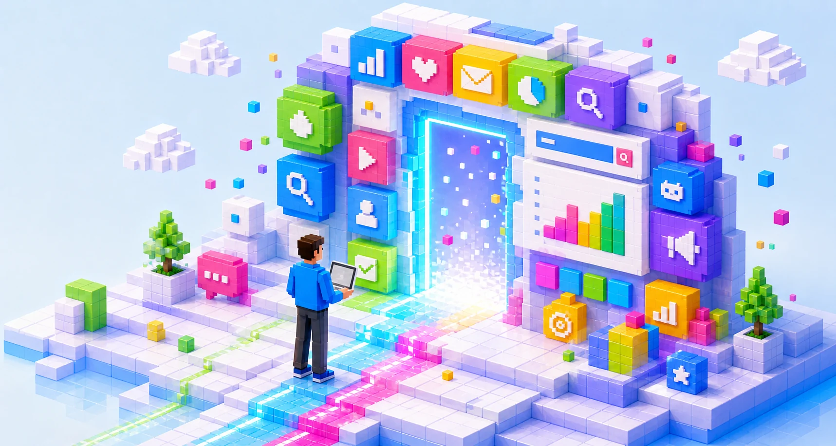Person entering a bright digital project portal